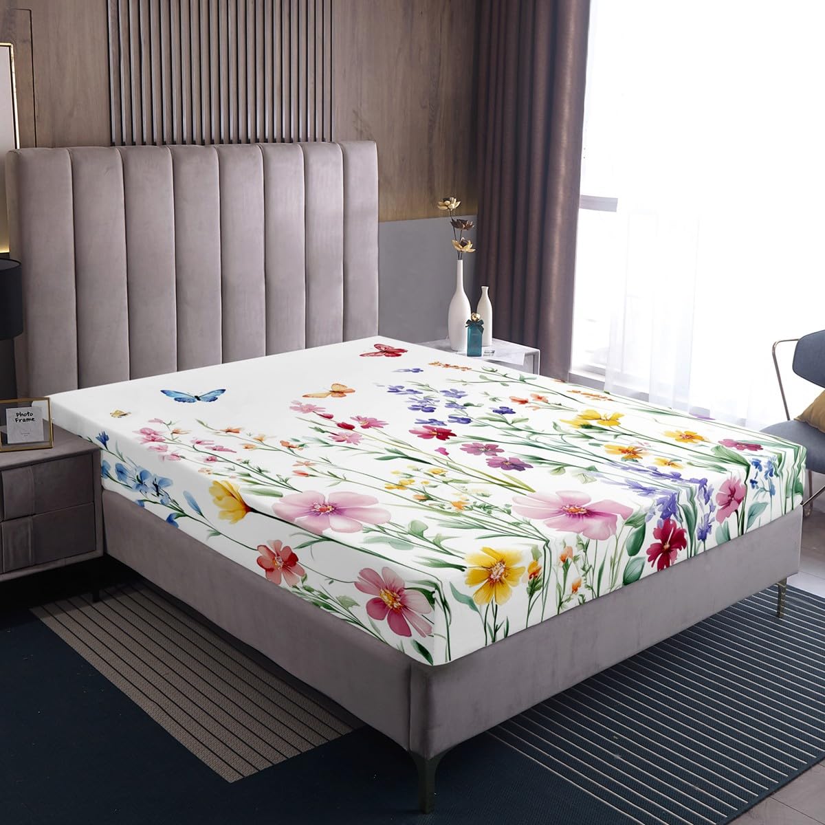 jejeloiu Butterfly Fitted Sheet with 1 Pillowcase Twin Size Cute Floral Bed Sheets Set 16" Deep Pocket Boys Girls Wildflower Flower Floral Bedding Butterflies Print Teens Bedroom Decor