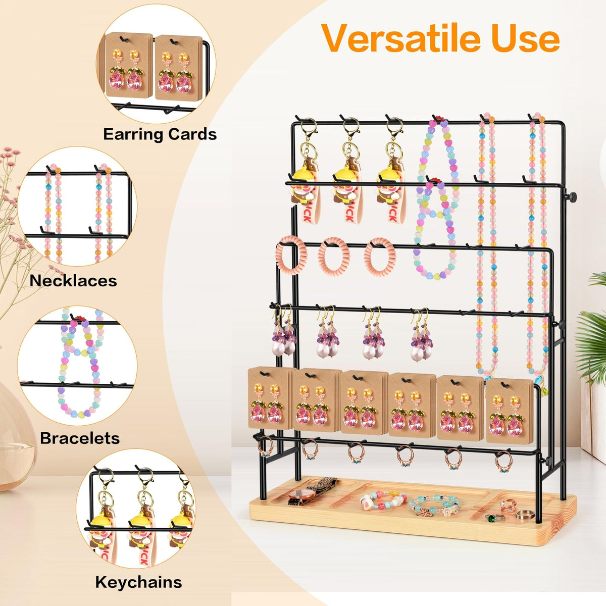 GEAMSAM Jewelry Display for Vendors, 36 Hooks Earring Display Stands for Selling, Earring Holder Organizer for Earring Cards, Bracelets, Necklaces, Rings, Keychains Retail-Burlywood