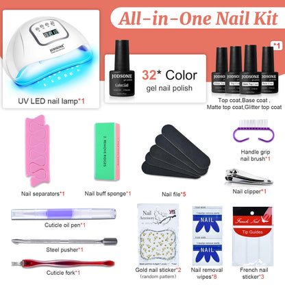 JODSONE Gel Nail Polish Kit with U V Light 32 Colors Gel Polish Nail + 4 Functional Adhesive Bottles Kit Soak Off Manicure Tools Gifts for Women