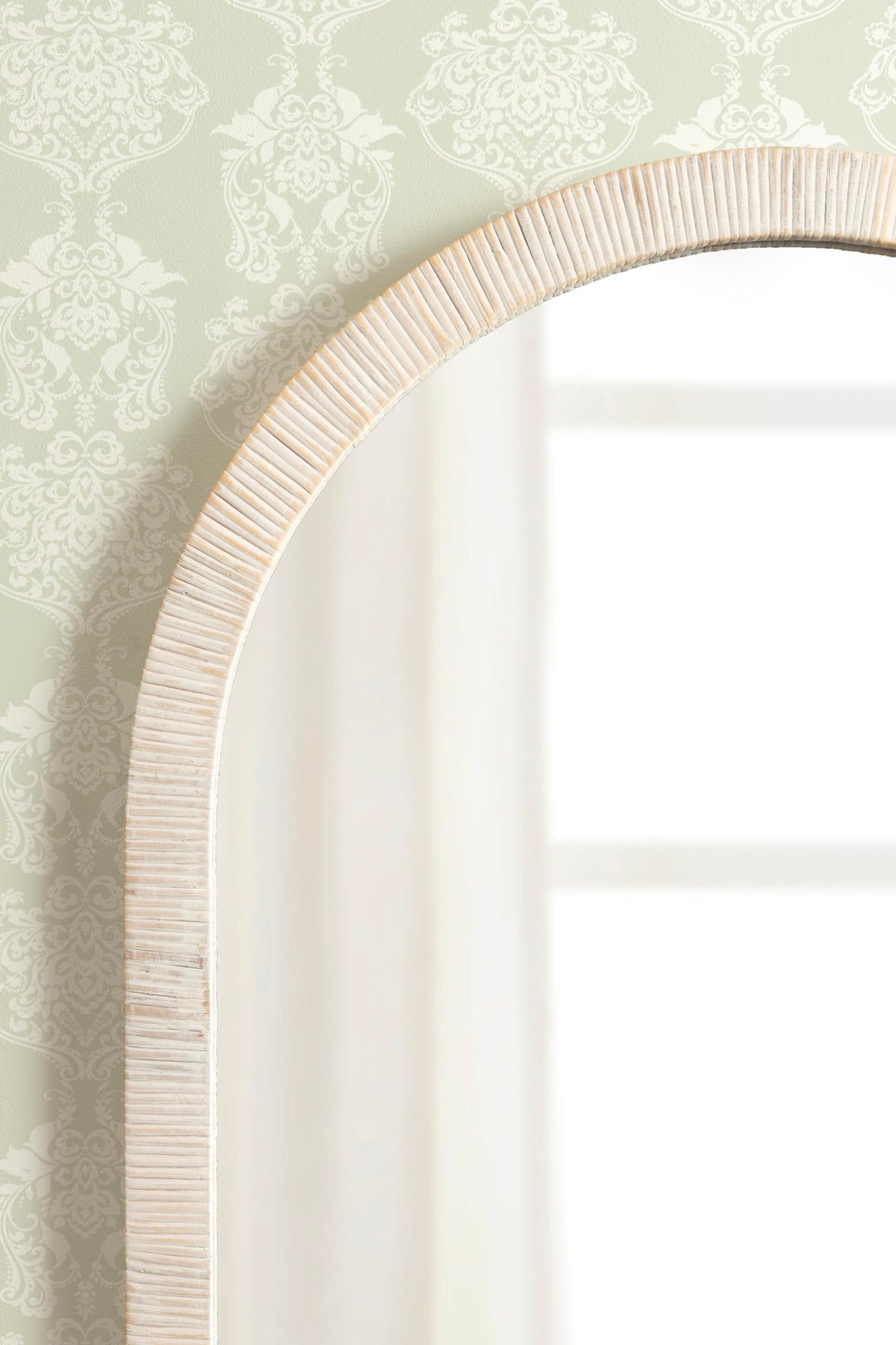 Kate and Laurel Rahfy Boho Arch Rattan Wall Mirror, 28 x 32, White, Decorative Wooden Mirror with Authentic Rattan Frame for Bathroom Vanity Mirror
