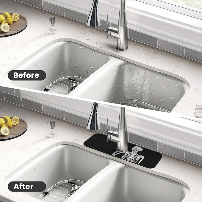 Black Funny Skull Human Skeleton Halloween Kitchen Sink Splash Guard Faucet Mat