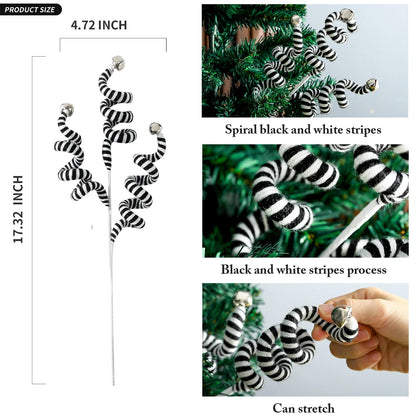 ZHANYIGY 4PC Set Black/White Christmas Tree Picks Christmas Tree Decoration Woolen Bells Curly Pick, Halloween Decoration Home Office Paty Ornaments