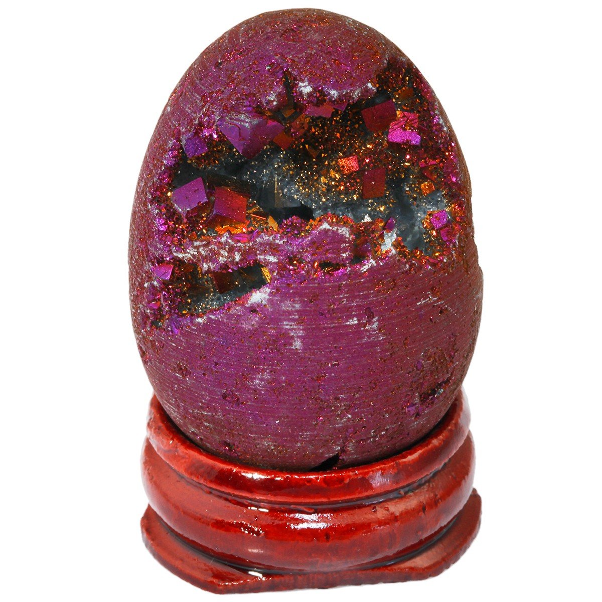 mookaitedecor Druzy Agate Geode Specimen, Purple Titanium Coated Quartz Crystal Egg Figurines with Wood Stand