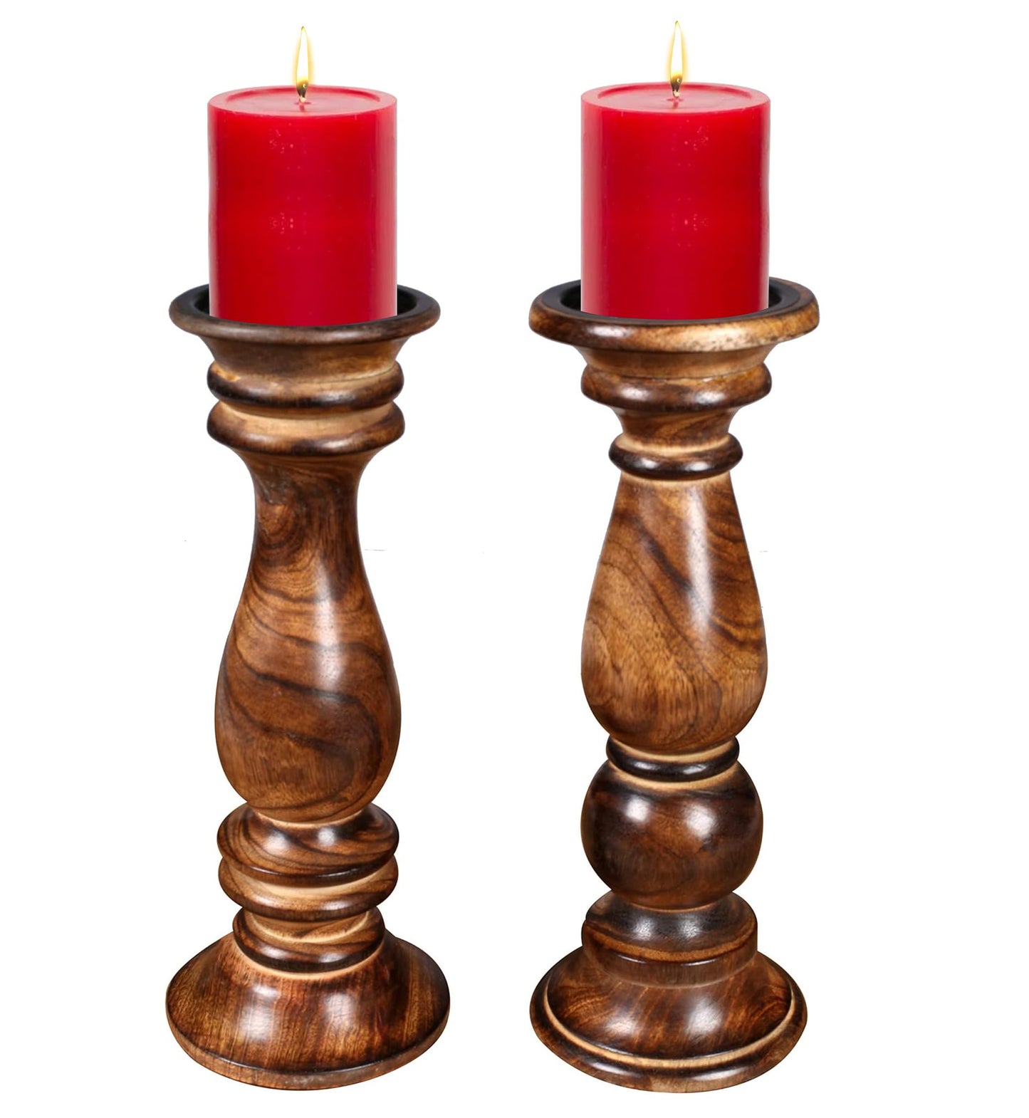 The Wooden Town Rustic Candle Holder Set of 3 – 10", 8", 6" – Burnt Finish Wooden Pillar Stands for Wedding, Party, Home Décor, Spa – Country Style Gift for Table Centerpiece