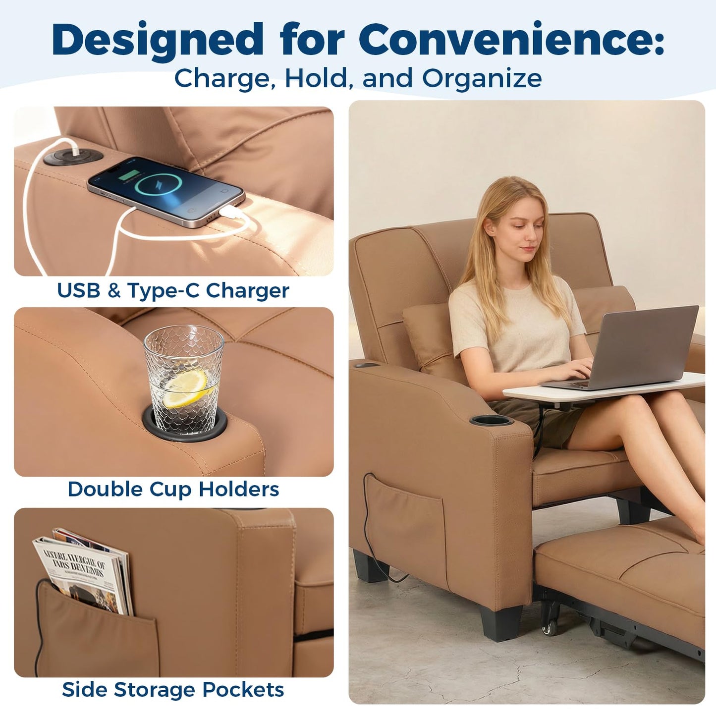Sleeper Chair Pull Out Bed, 4 in 1 Convertible Sofa Chair Bed with Vibration Massage Lumbar Pillow, Single Sofa Recliner with USB/Type-C Port, Cup Holders and Side Pocket for Small Spaces (Brown)