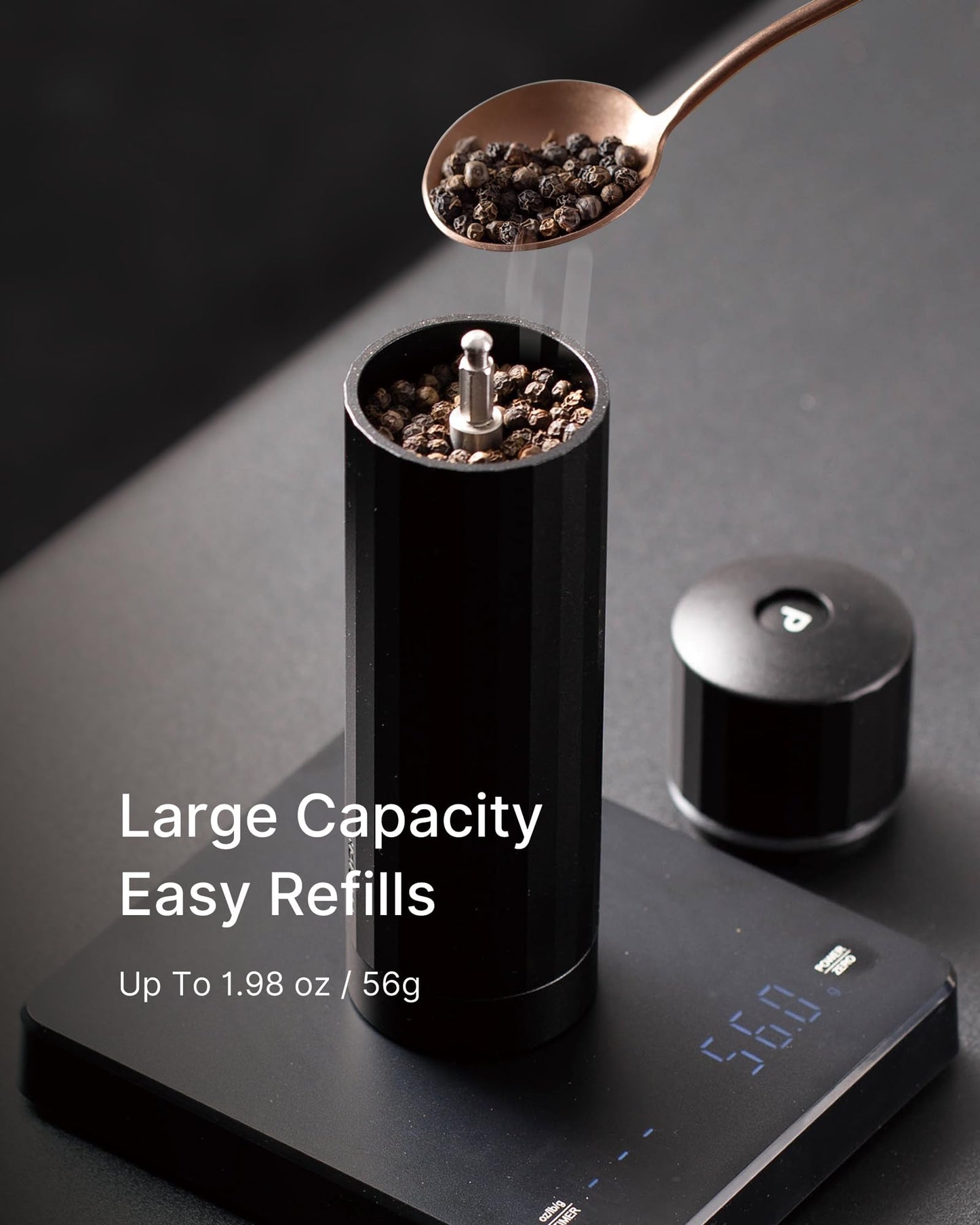 HOTQILIN Manual Pepper Grinder, Heavy Duty All-Metal Pepper Mill, High Output Grinding, Magnetic Powder Chamber for Cleaner Countertops, 60+ Precision Settings, Commercial Grade (Matte Black)