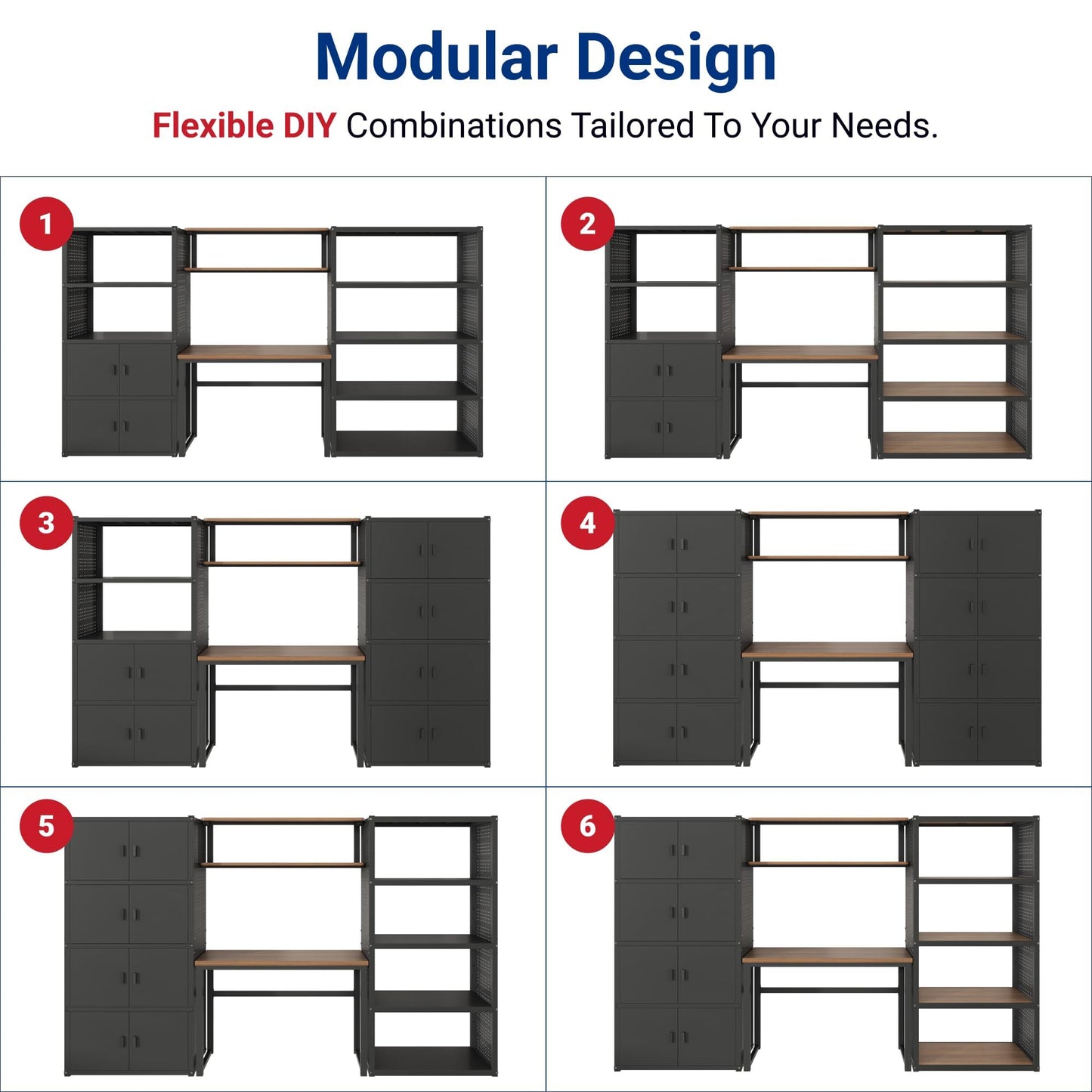 FLEXIMOUNTS Modular Garage Storage Cabinet System, All-in-One Garage Cabinet Set with Workbench & Pegboard, 6-Door with Open Shelf Access Heavy Duty Steel Tool Organization System, Black, FLEXIMOD