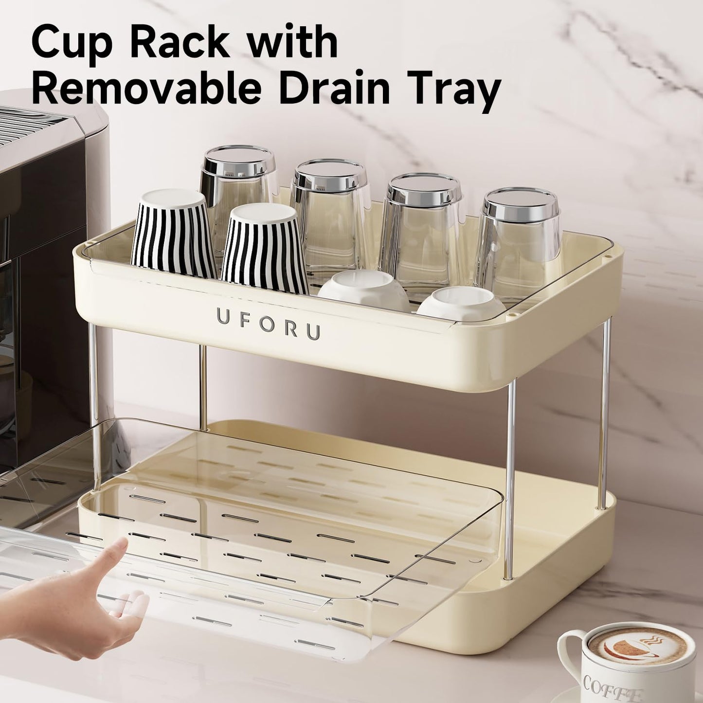 UFORU Countertop Coffee Station Organizer, 2 Tier Wine Glass Holder, Mug Shelf with Removable Drain Tray, Spice Rack for Kitchen, Bathroom Countertop Organizer, Cream White