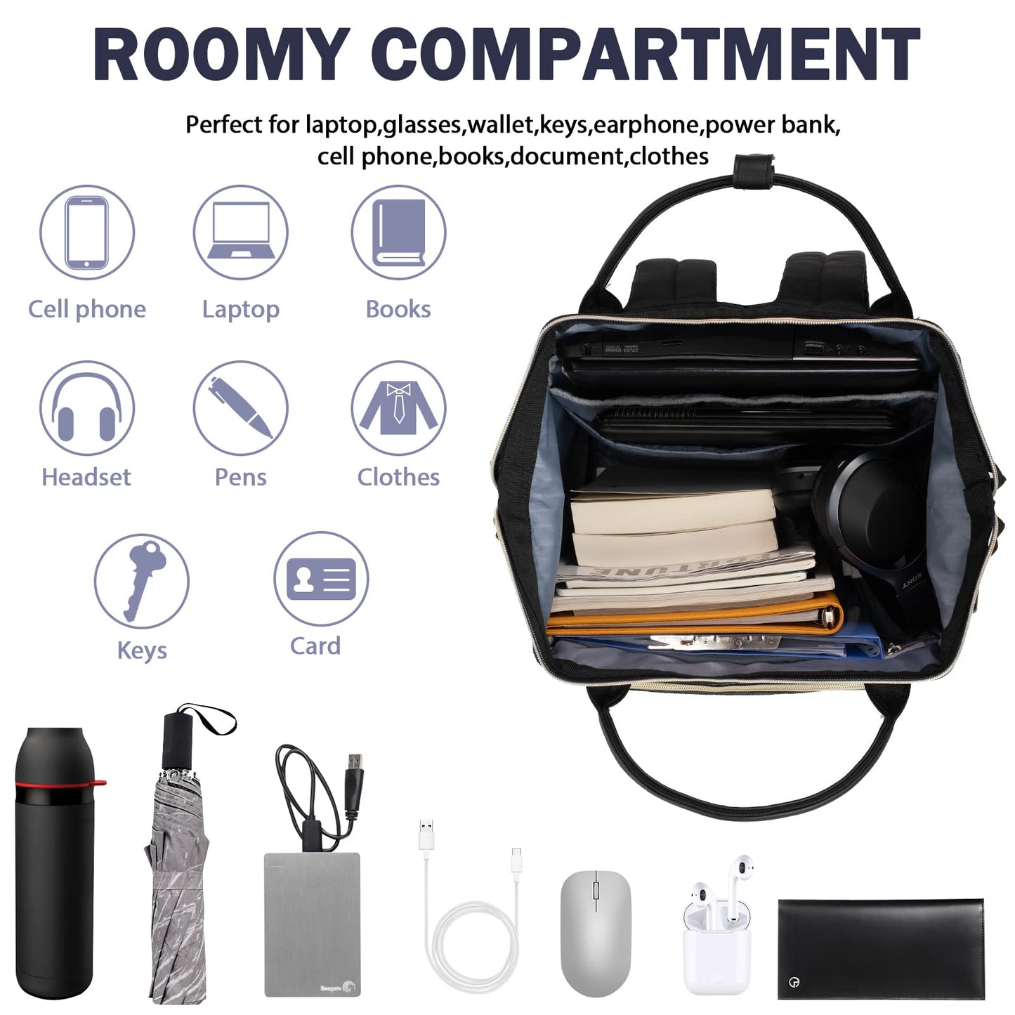 VANKEAN Laptop Backpack for Women Men 17.3 Inch Stylish Computer Work Backpack, Waterproof College Daypack Backpacks with USB Port & RFID Blocking, Business Travel Backpack, Black