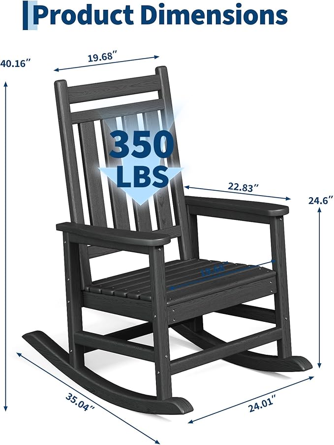 HDPE Rocking Chair Outdoor- Poly High Back Porch Rocker Chairs for Adults - All Weather Resistant Furniture for Patio Front Porch - Black