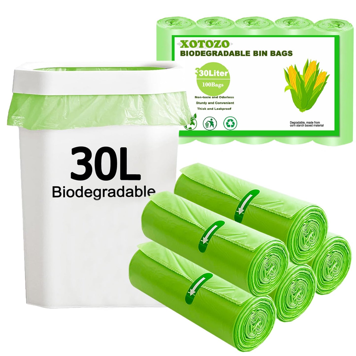 30 Litre Bin Liners 100 Bags, Biodegradable Food Waste Garbage Bags, 30L Strong Compostable Trash Caddy Liners, Recycling Degradable Rubbish Bag for Kitchen Bathroom Garden Office, Green, 60 x 65cm