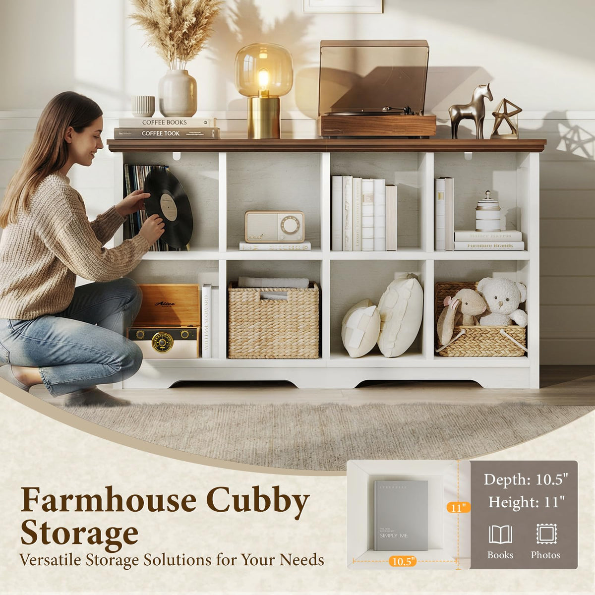 OffiGo 8 Cube Organizer Bookcase, Modern Farmhouse Open Shelf for Storage Bins & Decor, Display Bookshelf Console Closet for Living Room, Bedroom, Home Office, Walnut+White