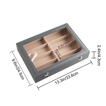 Frebeauty Sunglass Organizer,PU Leather Glasses Organizer,8-Slot Sunglasses Tray with Clear Lid,Men's/Women's Sunglasses Box,Sunglass Case,13.3x9.65x2.48 Inches,Eyeglass/Eyewear Display Tray(Grey)