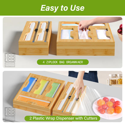 KOCWELL Bag Organizer and Plastic Wrap Dispenser with Cutter, 6 In 1 Bamboo Foil and Plastic Wrap Organizer for Kitchen Drawer, Food Storage Bag Organizer for Gallon,Quart,Sandwich,Snack(Yellow)
