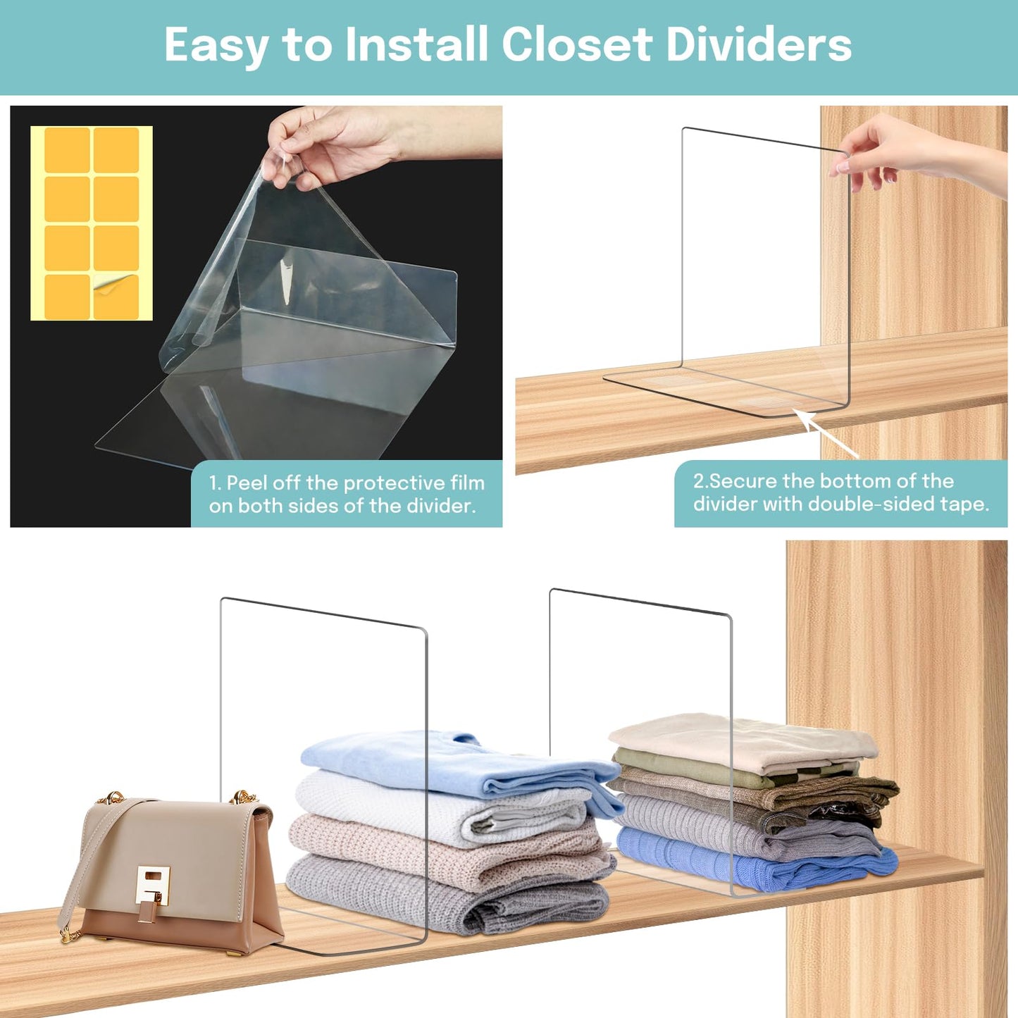 OKPOW Shelf Dividers for Closet Organization: 12 Pack Durable Clear Acrylic Divider Organizer for Shelves - Vertical Adjustable Shelving Separators for Clothing Purse