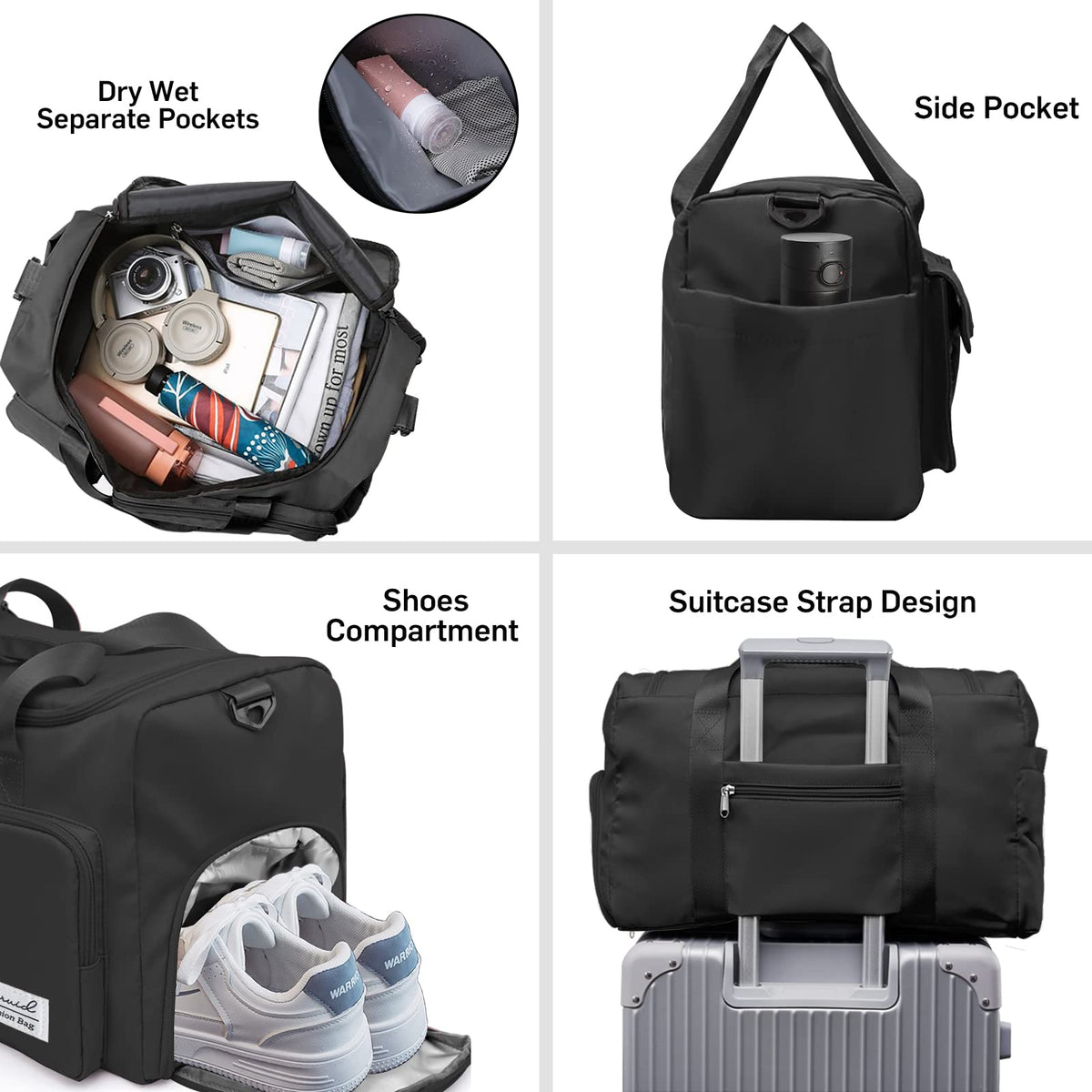 Suruid Sports Gym Duffel Bag with Shoes Compartment and Dry Wet Separated Pocket for Men and Women - Overnight Weekender Training Handbag Yoga Bag - Black