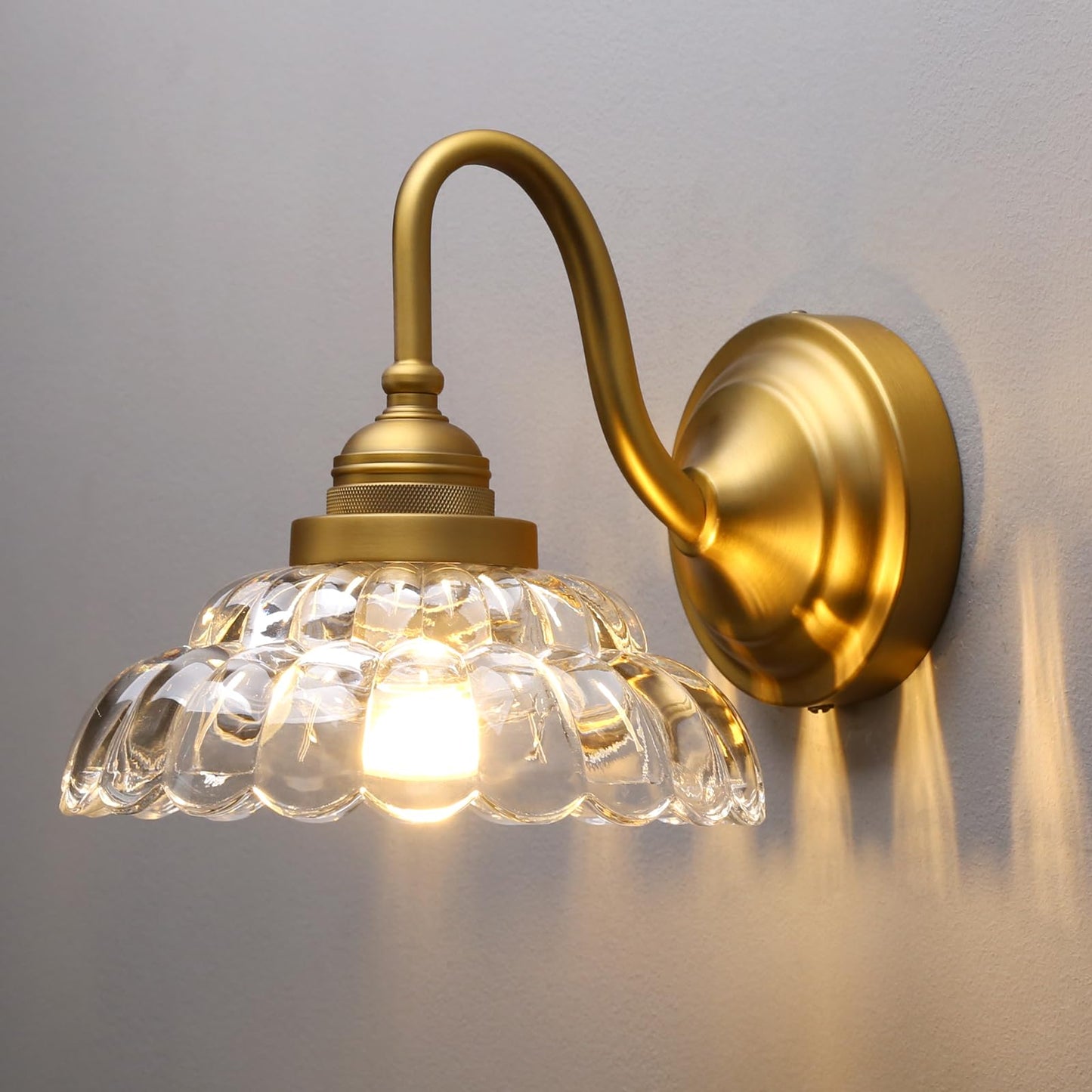 PERMO Vintage Gold Wall Sconce with Clrar Lotus Glass Shade Hardwired Bathroom Vanity Light for Mirror, Bedroom & Hallway