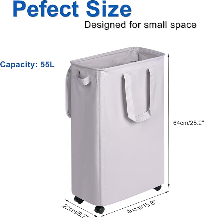 Slim Laundry Hamper with Lid and Wheels, Small Rolling Laundry Basket with