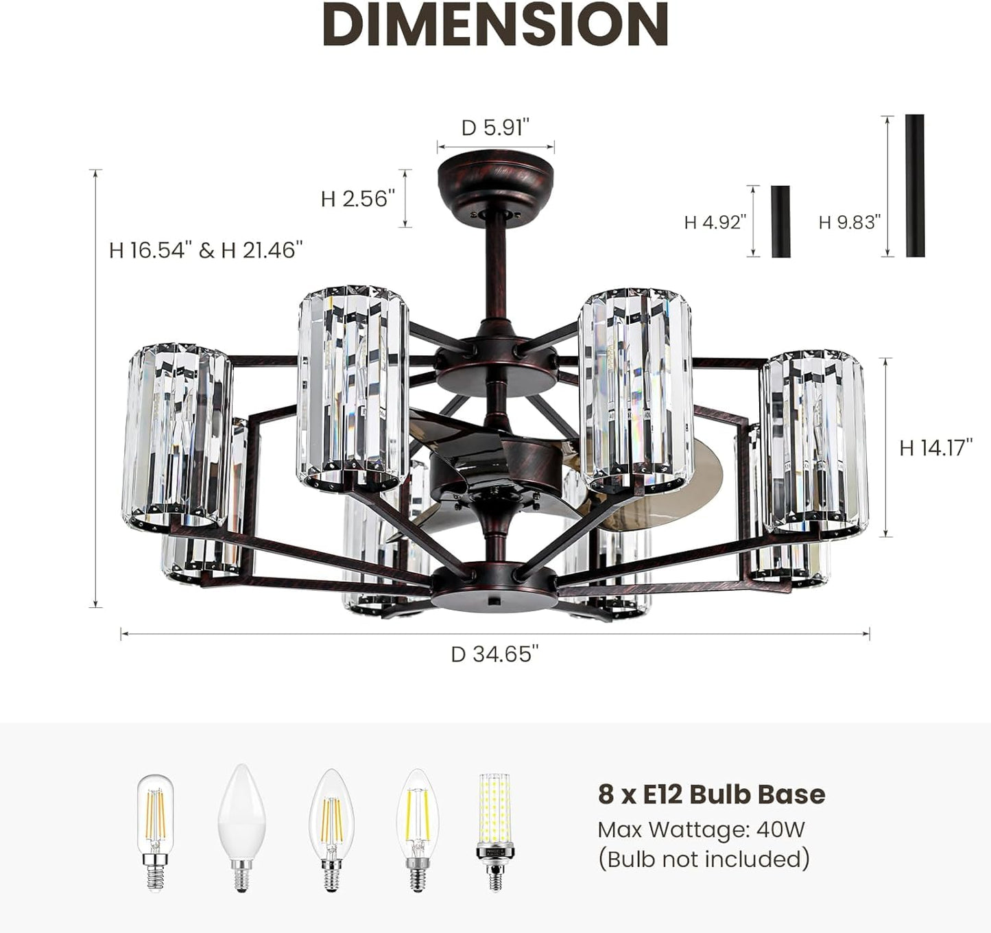 MOOONICHE 34" Crystal Chandelier Ceiling Fan 8 Lights Vintage Flush Mounted Fandelier Reddish Brown Invisible Blades Ceiling Fan for Bedroom Dining Room Living Room Kitchen Farmhouse Entry