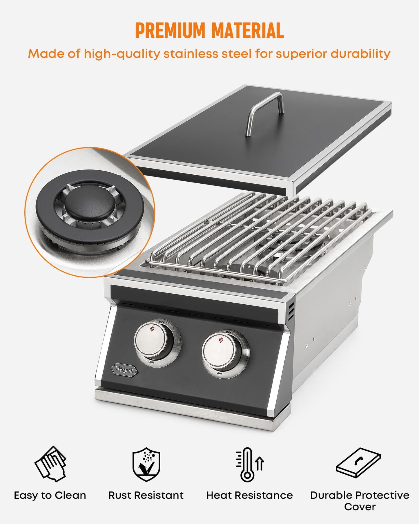 Stanbroil Hygrill Double Grilling Side Burners, 2 x 12,000BTU Natural Gas Burners for Outdoor Kitchen, Duty Heavy 304 Stainless Steel Built-in Burner for Outdoor BBQ Grill Island, Black