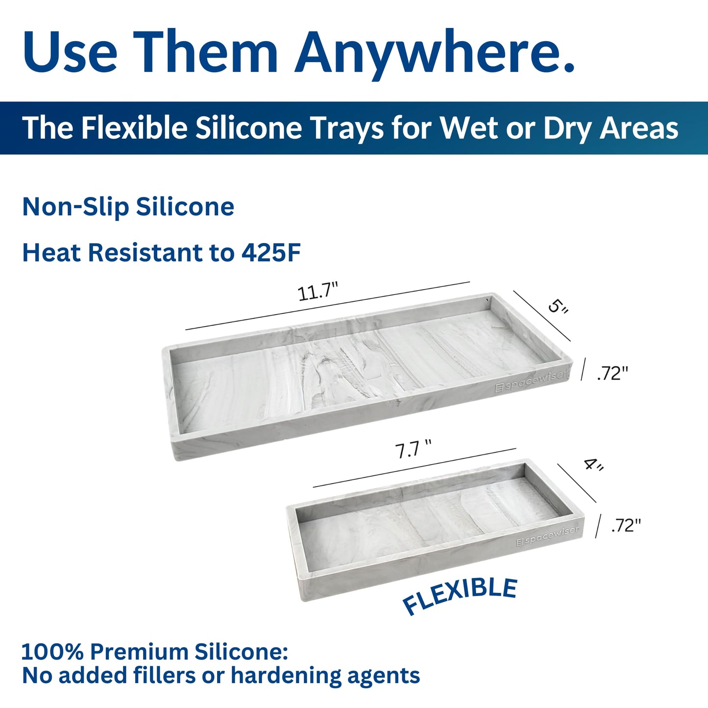 Spacewiser Countertop and Vanity Tray - 2 PC (11” and 7”) Shatterproof Silicone Kitchen and Bathroom Trays for Counter, Kitchen Soap Dispenser Tray, Vanity Trays for Bathroom, Perfume Key Tray