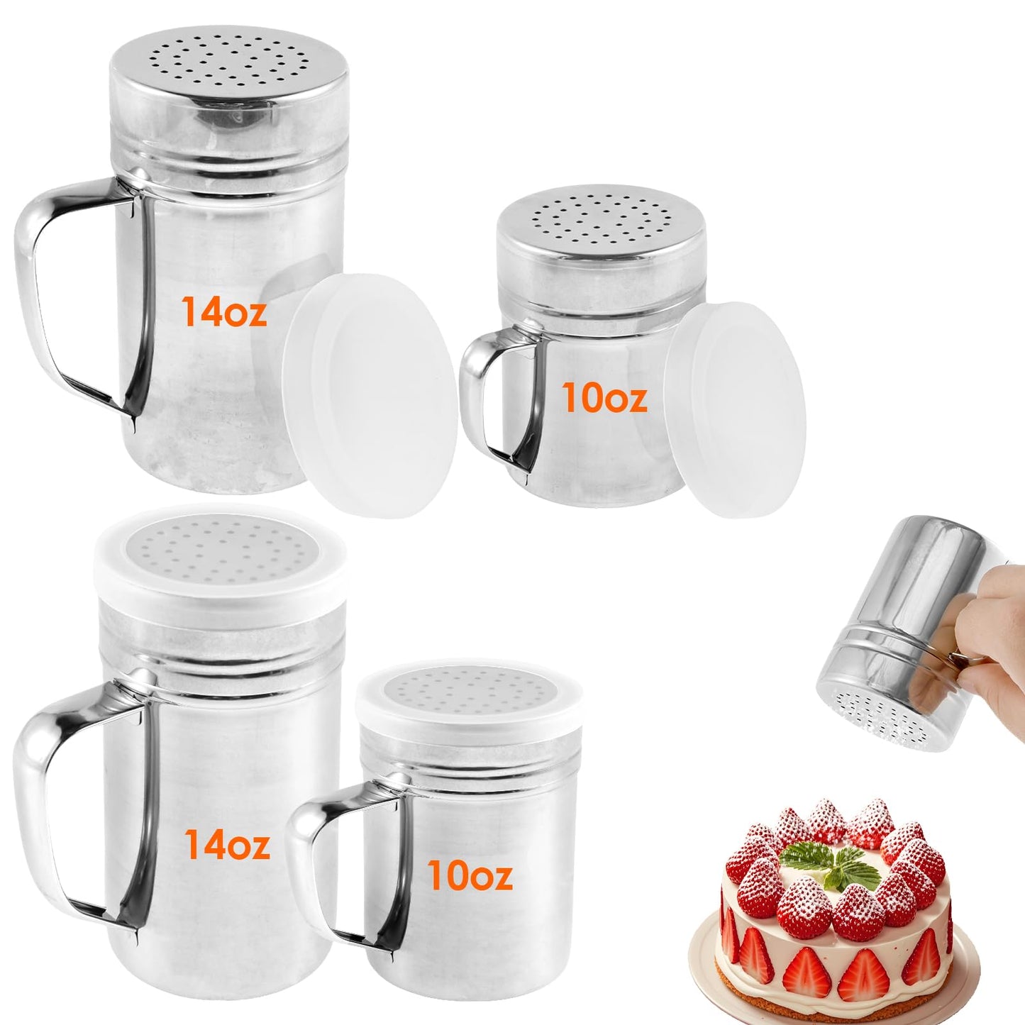 BXUYAOXMC 4 Pcs Stainless Steel Salt and Pepper Shakers Set, 10oz & 14oz Spice Shakers with Handle and Airtight Lid, Large Holes for Powdered Sugar, Flour, Cheese, BBQ Rubs – Kitchen Storage