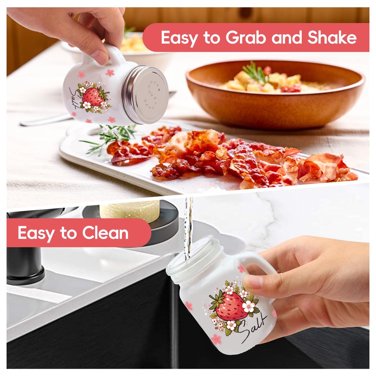 2 Salt And Pepper Shakers，Strawberry Cute Fun Salt And Pepper Shakers Set，Cute Salt Shakers For Kitchen Decor，Black And White Salt And Pepper Shakers With Stainless Steel Lids