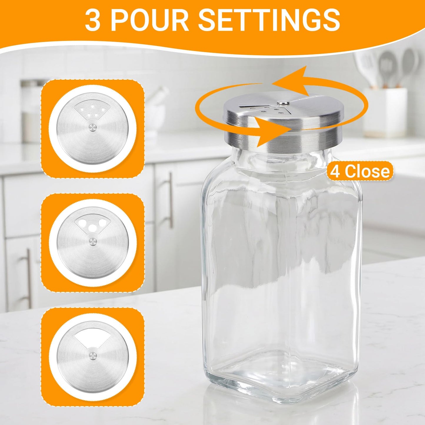 Segarty 6 PCS Glass Spice Jars 6oz, Salt Bottles with Adjustable Stainless Steel Shaker Lids 3 Pouring Ways, Large 180ml Square Condiments Jars 6 Stickers for Sugar Pepper Storage Kitchen Organization