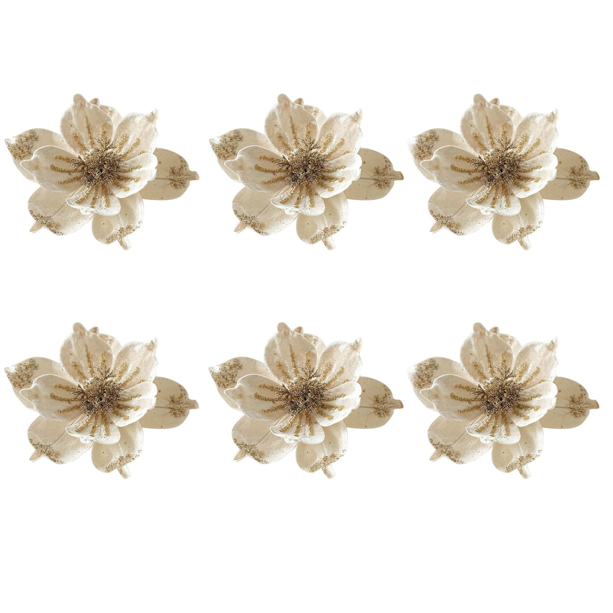 JOYO Christmas Glitter Magnolia Flowers, 10'' Poinsettia for Tree, Easy to Hang Artificial Picks (Cream, 6Pcs)