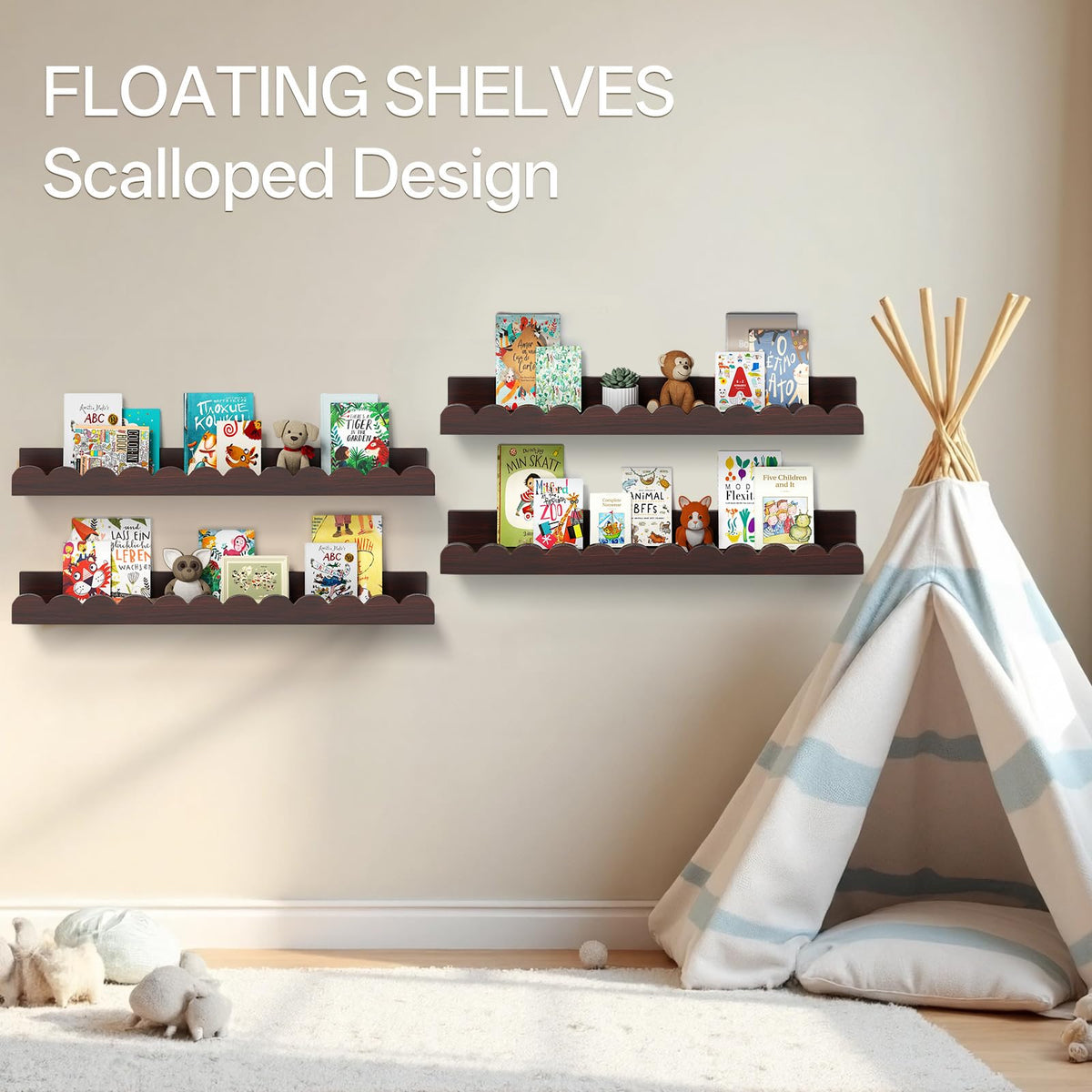 Conamily Walnut Scalloped Book Shelf, Dark Wood Nursery Book Shelves Set of 2 Pine Wooden Floating Bookshelf for Wall Cloud Picture Ledge Shelf for Kids Bedroom Baby Child Toddler Room Kitchen(90cm)