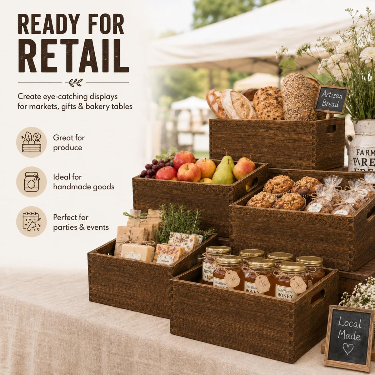 BOY MCOWBOY Wooden Crates for Display 5 Pack Extra Large Rustic Nesting Wooden Basket with Handle, Farmhouse Wood Crate for Storage and Container Multipurpose Wood Basket for Fruits Vegetables Boxes