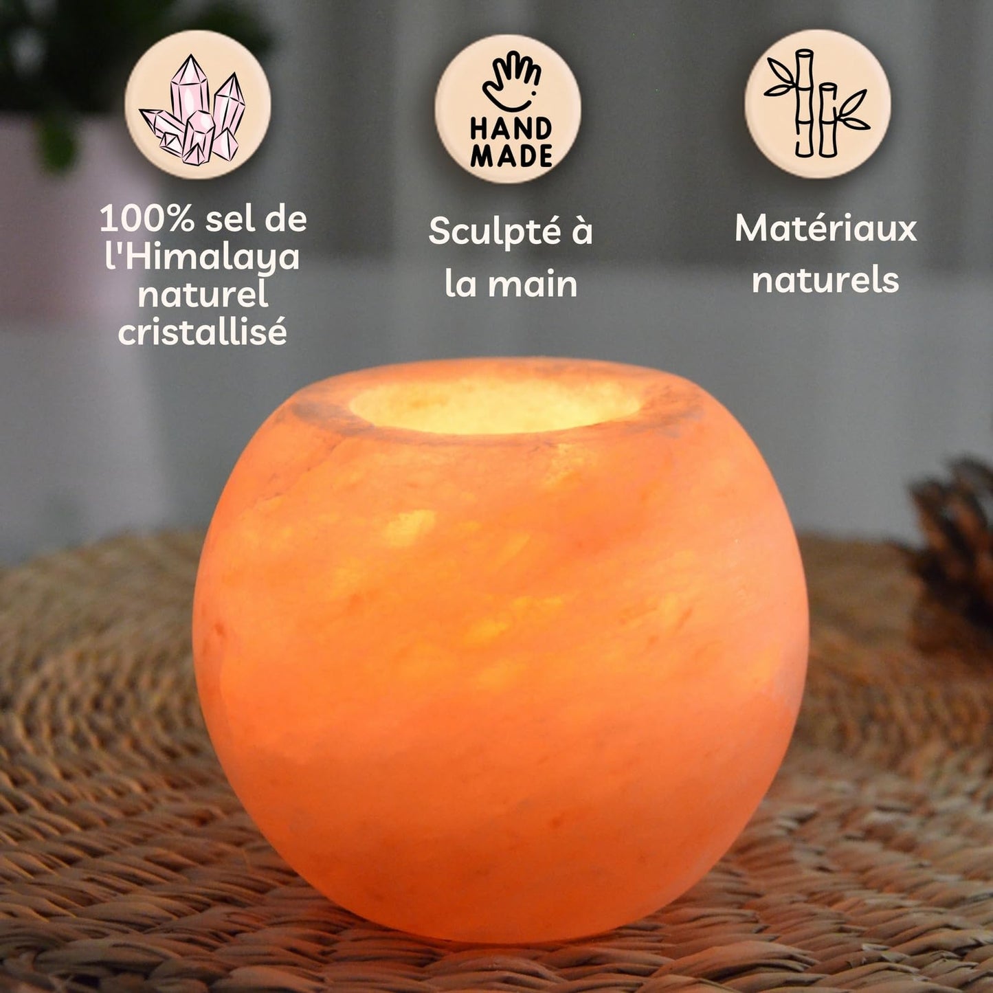 Zen'Light Himalayan Salt Crystal Candle Holder Sphere 900 g – 100% Genuine Natural Himalayan Salt Crystal – Hand Carved – Candle Holder Made of Quality Natural Material – Rounded Shape
