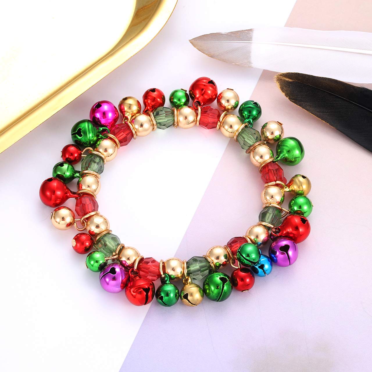 HEIDKRUEGER 3pcs Christmas Jingle Bell Bracelets Xmas Multi Color Beaded Charm Stretch Bracelet Christmas Holiday Party Favors for Women Jewelry Gift