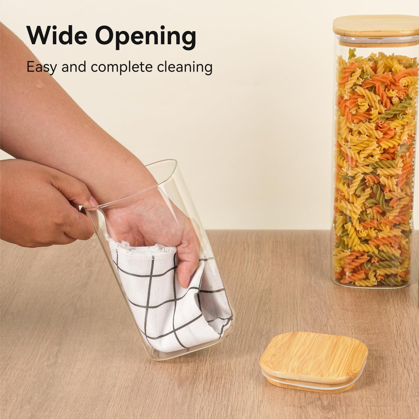 Glass Spaghetti Pasta Storage Container - 3 Pack 2.5 QT Airtight Food Storage Jar Set with Bamboo Lid Labels -Tall Square Kitchen Pantry Canister Organizers for Noodle Cookies Flour Cereal Coffee Bean