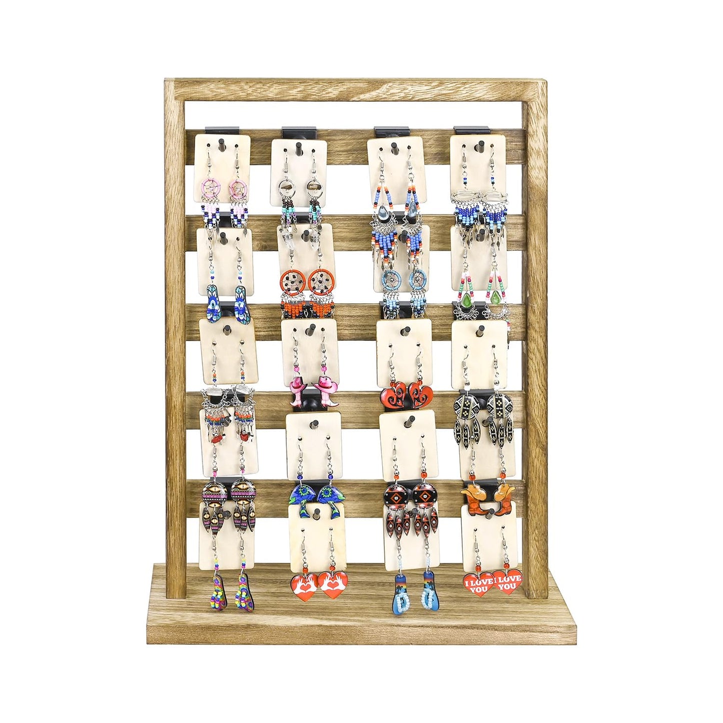 Ikee Design Free Assemble 2 Pcs Set Wooden Jewelry Display Rack with 20 Removable Metal Hooks/Each, Earring Display Holder Stand for Earring,Necklaces,Bracelet, Keychain Stand, Oak Color