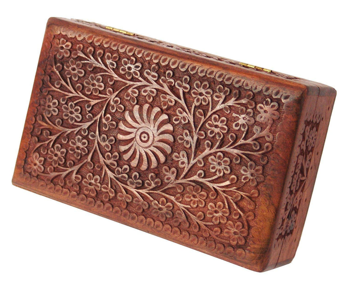 Ajuny Wooden Handcarved Decorative Jewelry Storage Box Flower Design Multipurpose Treasure Chest Keepsake Organizer Necklaces Watch Boxes Great for Gifts 8x5 Inch