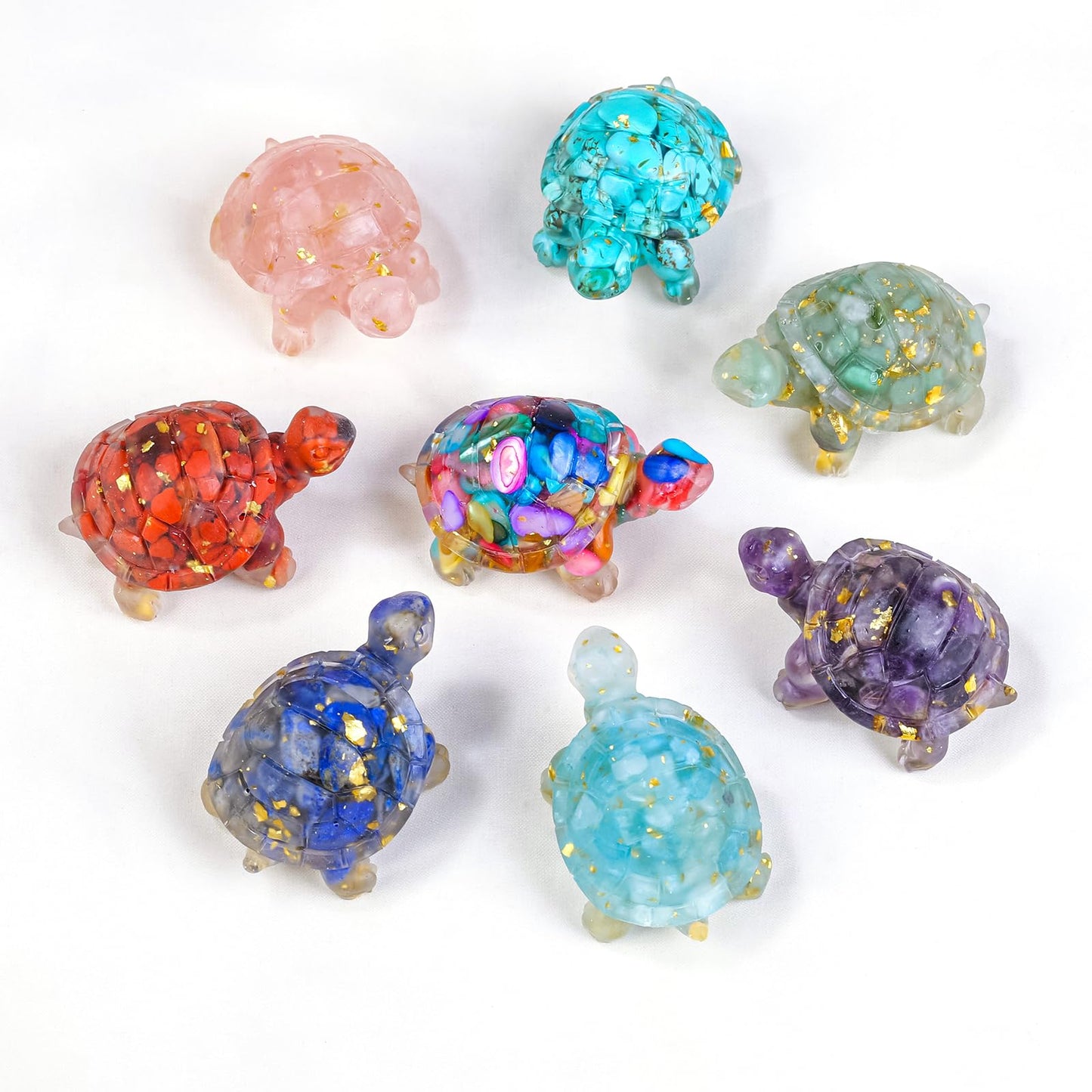 RJINGSHI 8PCS Crystal Turtle Figurine Set for Teens- Handmade Sea Turtle Resin Decor for Home, Office & Fish Tank, Healing Crystal Animal Statues for Desk, Shelf or Meditation Space Gift