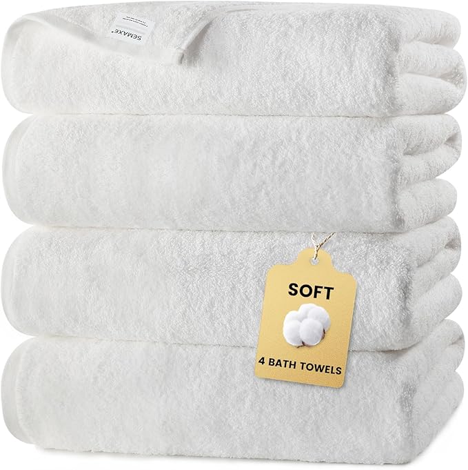 SEMAXE White Bath Towels Set of 4, 100% Cotton Luxury Bathroom Towels, and