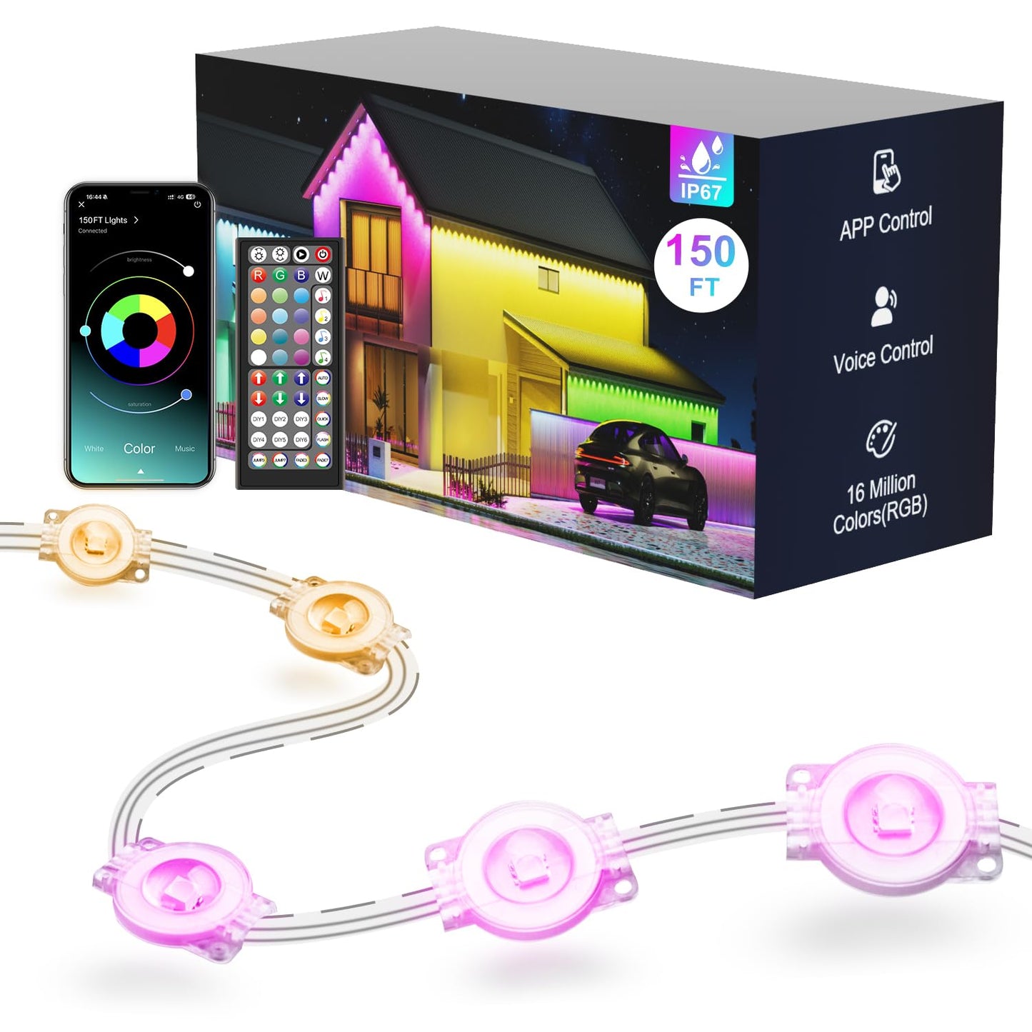 Fussion Permanent Outdoor Lights for House, 150ft RGB Halloween House Lights Outdoor with APP Remote Control, IP67 Waterproof Smart Eternity Eaves Lighting for Christmas, Holiday, Party, Daily