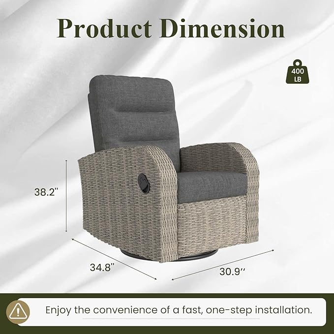 LayinSun Oversized Wicker Outdoor Swivel Glider Recliner with Adjustable Backrest & Footrest, Patio Reclining Lounge Chair