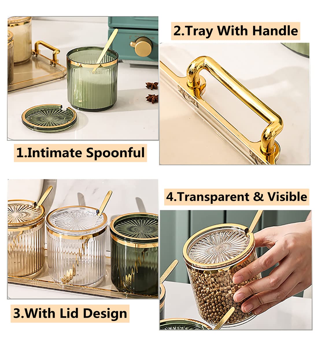 Acrylic Condiment Spice Jars and Box with Lids, Spoons, Tray - 3 Pack, Clear Plastic Canisters, Seasoning Box Set for Salt, Paprika, Sugar - Kitchen Storage