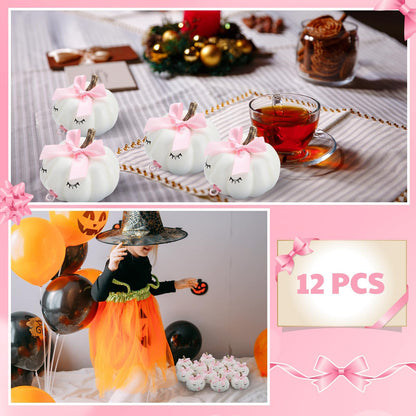 Nuanchu 12 Sets DIY Pumpkin Painting Kit for Party 12 Foam Craft Pumpkins, 12 Pink Bows 12 Pink Sucking Ring 28 Pairs of Eyelash Sticker for Birthday Table Decor Adult