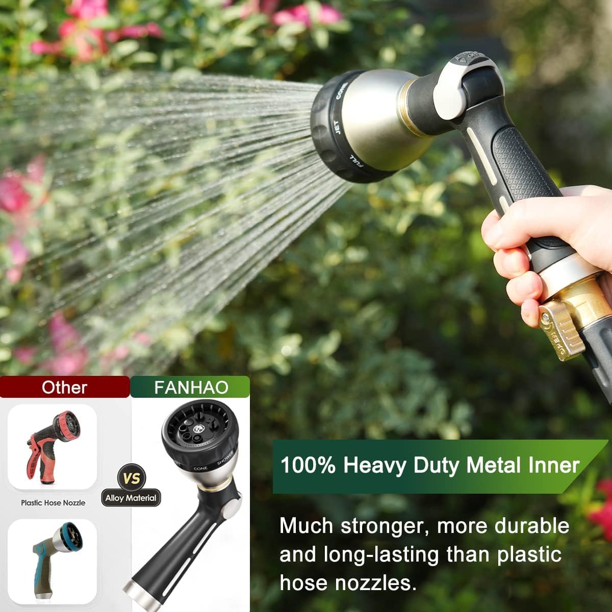 FANHAO Hose Pipe Spray Gun High Pressure, Heavy Duty Metal Garden Hose Gun with 8 Spray Patterns, Thumb Control, On Off Valve for Garden Watering, Car and Pet Washing
