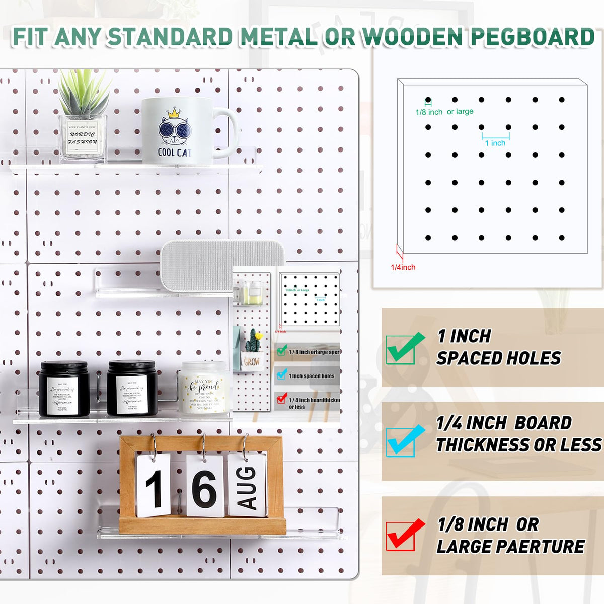 Lounsweer 4 Set Pegboard Shelf Clear Acrylic with Metal Hooks Organizer Accessories Storage for Pegboard Display Wall Craft Room Home Garage Nursery Kitchen Workbench(L Shape,12 x 4 Inch)