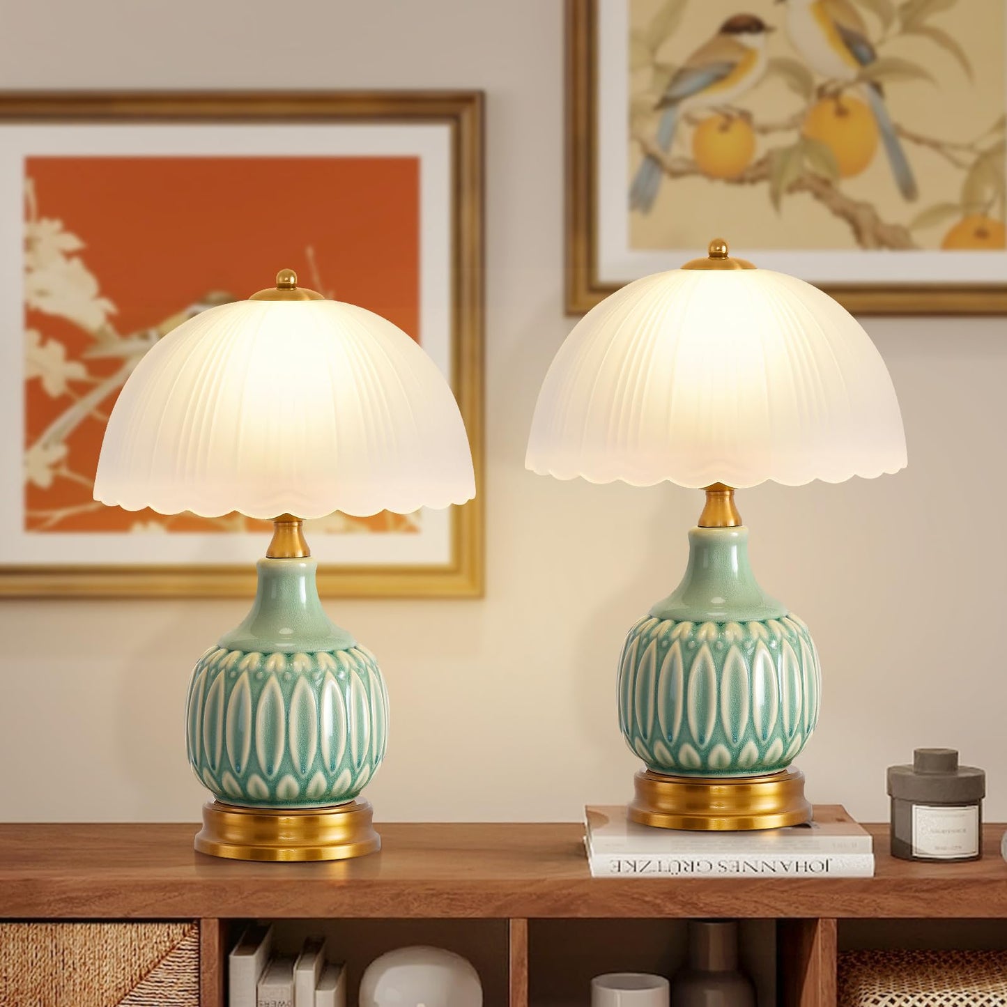 WELAISA Table Lamps Ceramic Retro Lamp for Living Room,15.7" Modern Bedside Nightstand Traditional Lamps, Classic Chinoiserie Green Glass Lamp for Home (Retro)