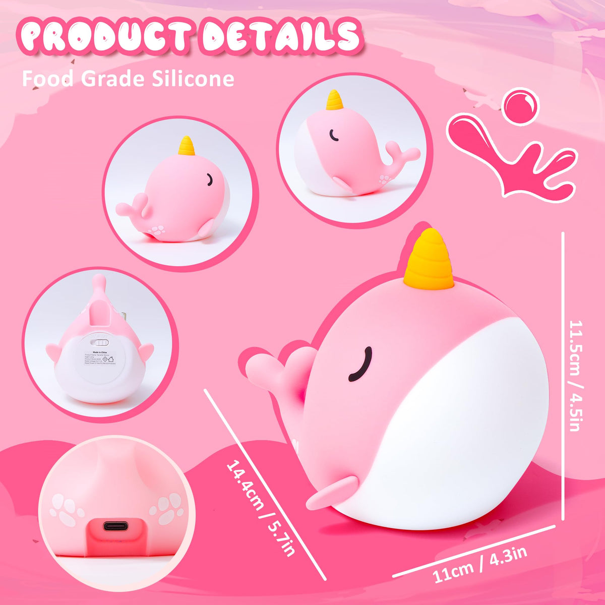 Ammonite Pink Narwhal Night Light, Soft Silicone Whale Nursery Lamp with 3 Dimming Levels and 30-Minute Timer, Touch Control Nightlight for Bedroom Decor, Christmas Birthday Gift