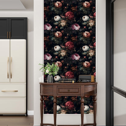 XRUIBZI Dark Floral Peel and Stick Wallpaper Vintage Gothic Contact Paper Pink Goth Flower Wall Mural Home Vinyl Waterproof Self Adhesive Removable Renter Friendly Wall Paper 17.5" x 118"