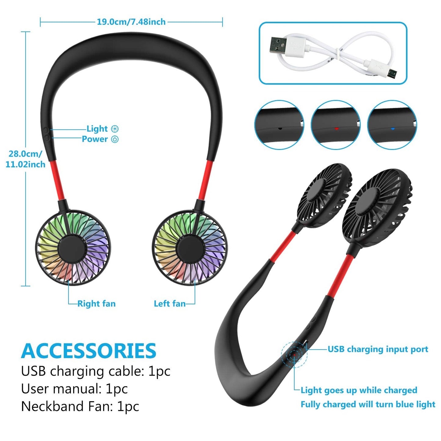 Portable Neck Fan, Handsfree Mini USB Neck Fan Rechargeable Wearable Neckband Fan, Desk Fan, Necklace Fan with Dual Wind Head 3 Speeds LED Light for Traveling Sport Outdoor Camping Office (Black)