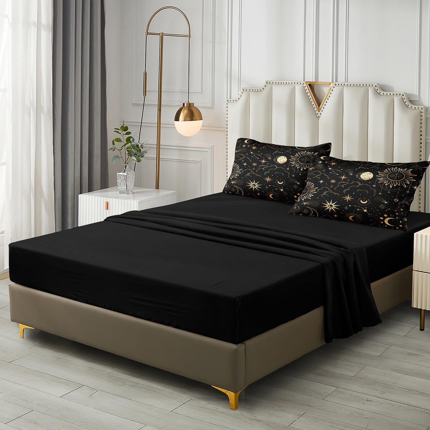 Bedding_Dreamer Black and Gold Queen Bed in a Bag Sun and Moon Bedding Set Mysterious Space Home Decor Galaxy Down Comforter Black Sheet Sets 8 Pcs Soft Microfiber for Kids Adults