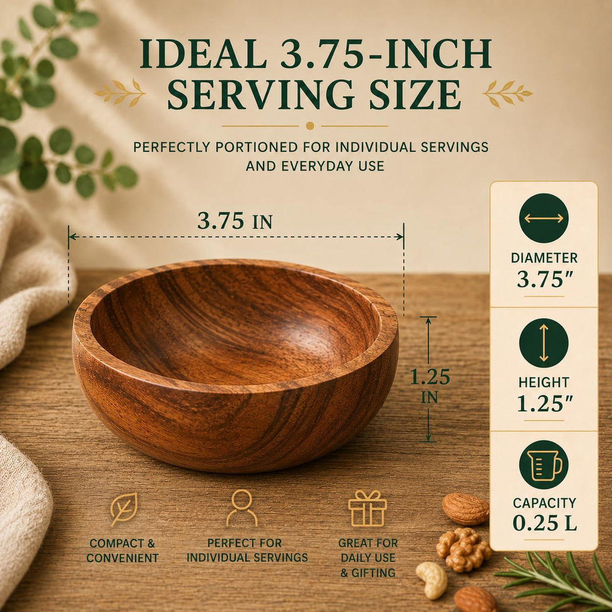 WEBHUSHI Acacia Wood Bowls: Handcrafted, Rustic, 6 Bowls of 3.75-inch, 0.25 liters Capacity Each